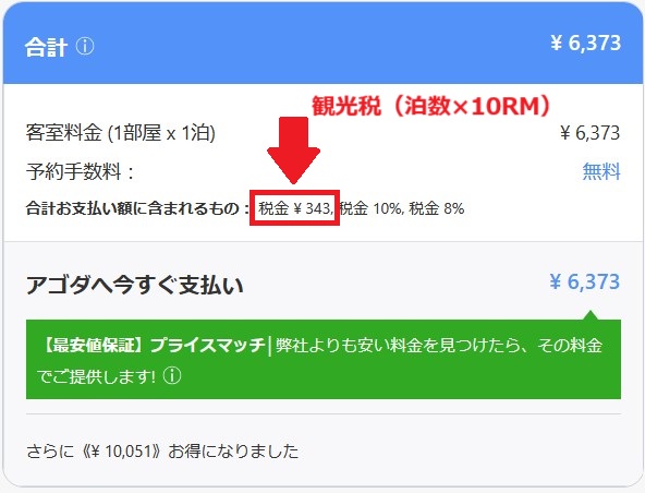ホテル予約時の料金詳細